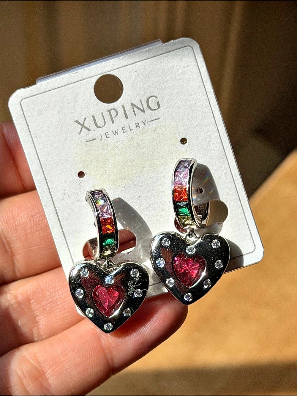 Silver tone Rainbow Crystal Heart Hoop Earrings